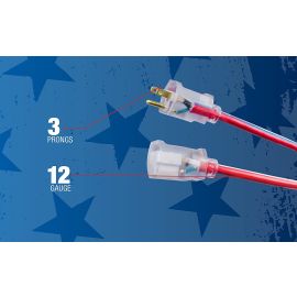 Southwire 2549SWUSA1 Contractor Grade, 100-Feet, 12/3 Extension Cord, With Lighted End; Red White And Blue, Extension Cord, Indoor and Outdoor Use