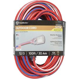 Southwire 2549SWUSA1 Contractor Grade, 100-Feet, 12/3 Extension Cord, With Lighted End; Red White And Blue, Extension Cord, Indoor and Outdoor Use