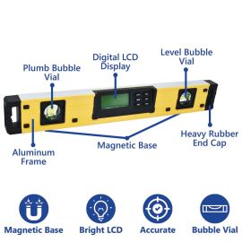 Big Horn 14221 18 Inch Magnetic Torpedo Digital Level with Bubble, Memory Functions and Protractor - IP54 Dustproof and Waterproof - Carrying Case