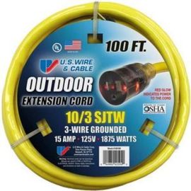 Voltec 68100 100 Ft. Single Tap Extension Cord w/ Lighted Ends, 10/3 Ga. SJWT-A, 300V, Yellow